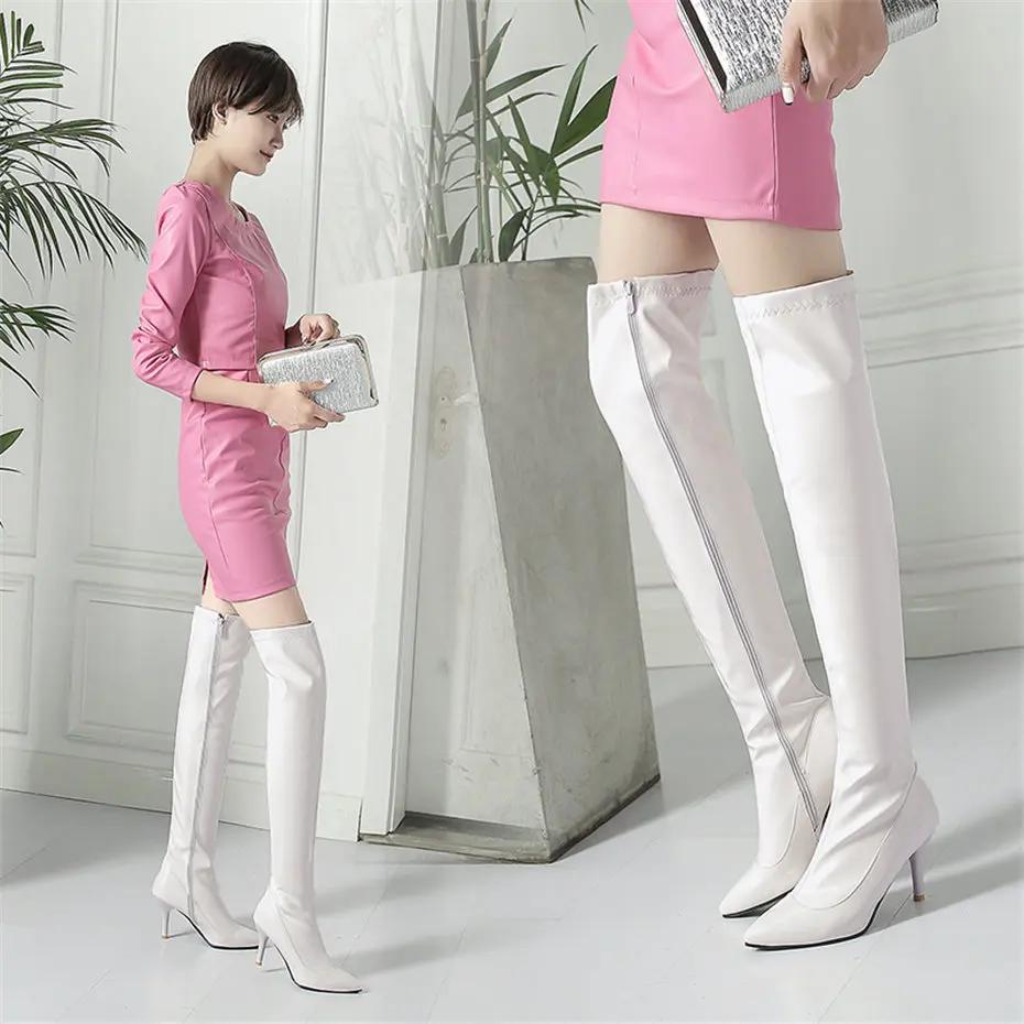 Červené Sexy Kozačky nad Koleno Dámské Špičaté Tenký Podpatek Bílá Lakovaná Kůže Dámské Párty Klub Tanec Zip Dlouhé Kozačky nad Koleno