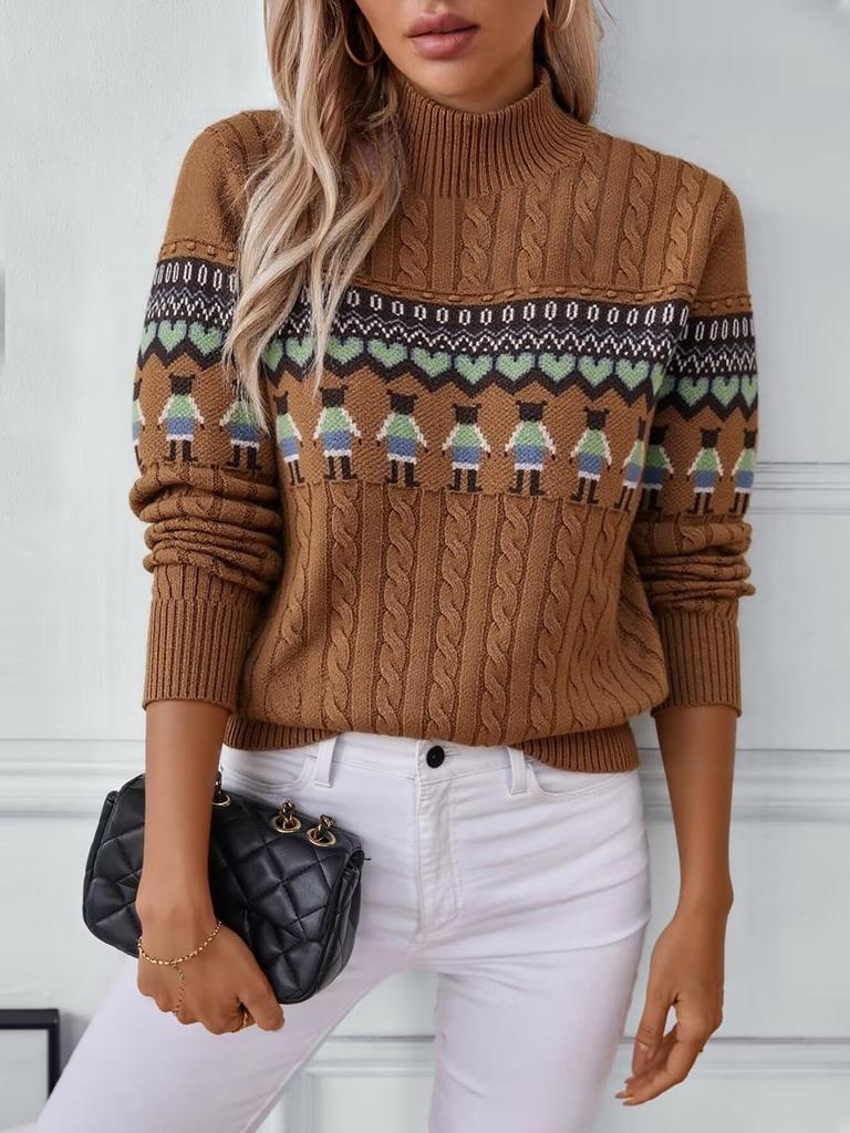 2025 Autumn/Winter Stand Collar Jacquard Long Sleeve Color Block Knit Pullover Sweater