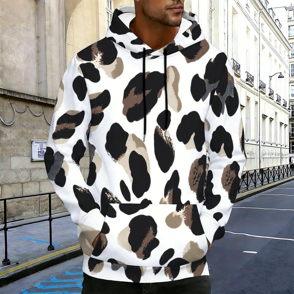 Felpa con cappuccio da uomo taglie forti, stampa a pois bianchi, manica lunga, coulisse, tasca a marsupio, pullover
