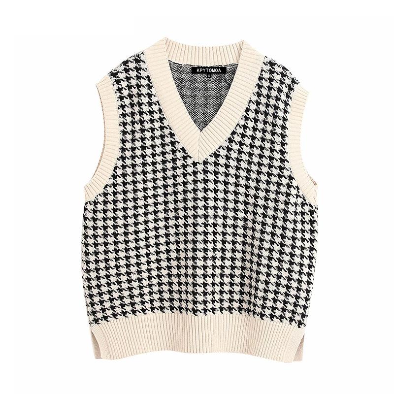 Dámská móda Oversized Houndstooth Kostkovaný svetr Pletená vesta Vintage Bez rukávů Boční rozparky Dámská vesta Elegantní topy