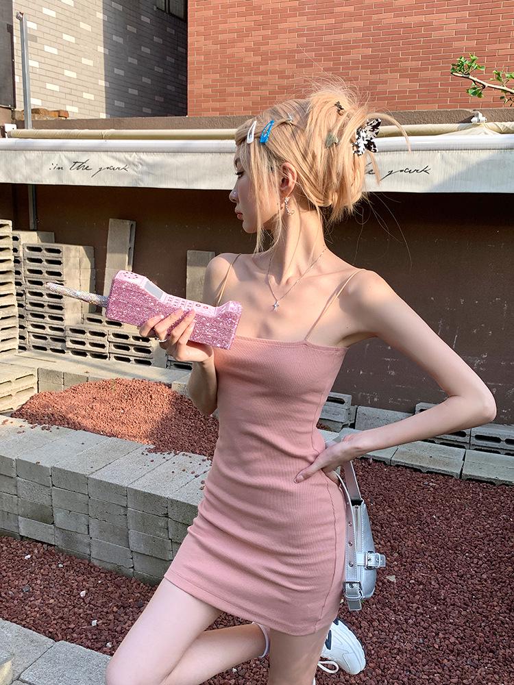 Pink Spicy Chic French Spaghetti Strap Dress - Women's Elegant Slim Fit