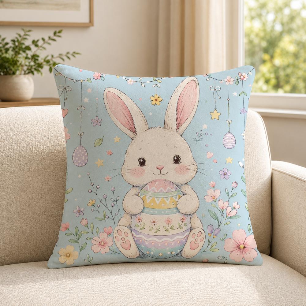 Art Spring Bunnies and Easter Eggs Cushion Cover Soft Short Plush SkinFriendly Cushion Case for MultiScene Use