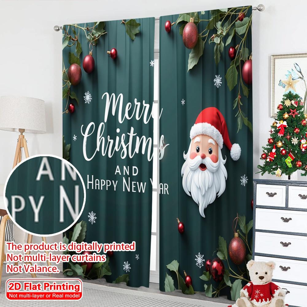2pcs 2D Flat Printing Merry Christmas Curtains Merry Christmas Happy New Year_a Polyester Without Electricity Festive Holiday
