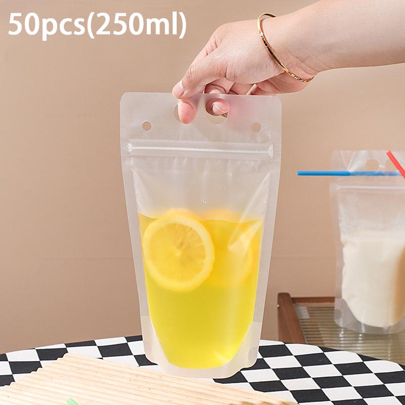 50Pcs Portable Beverage Bags Set 250-1000ml Handheld Self-Supporting Bag Disposable Juice Self Sealing Beverage Packaging Bags