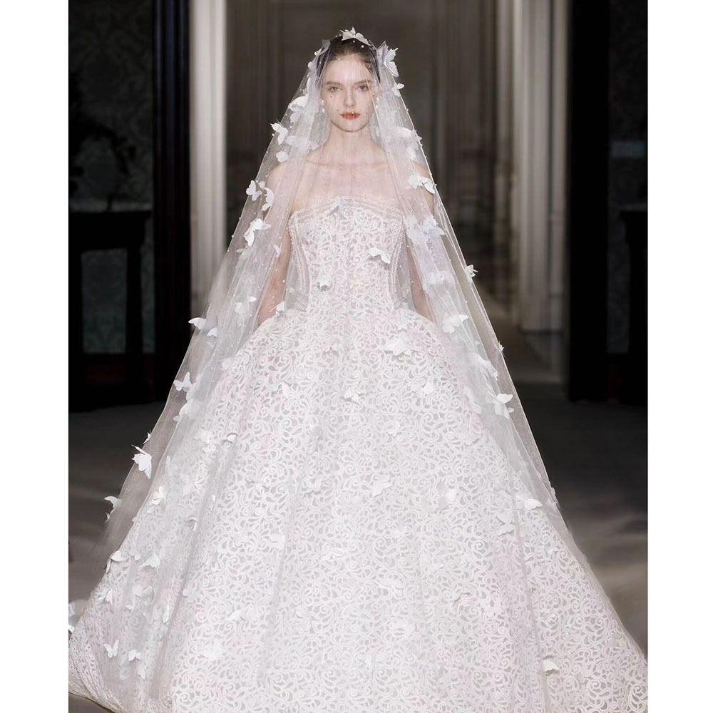 One Layer White Butterfly Wedding Veils Large Tail Super Long Bride's Wedding Headgear Beaded Handmade Butterfly Head Gauze