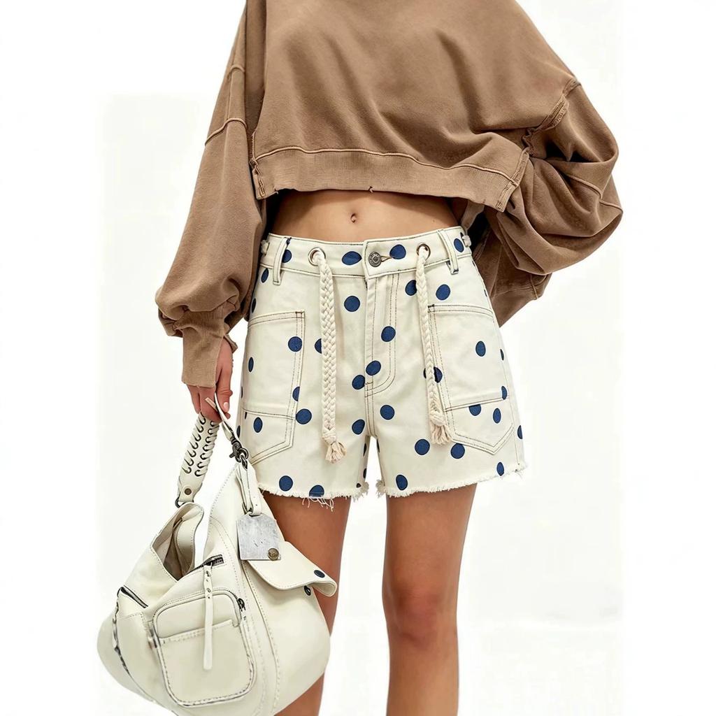 Women's Mid Rise Polka Dot Denim Shorts Fringe Hem Drawstring Casual Bermuda Shorts