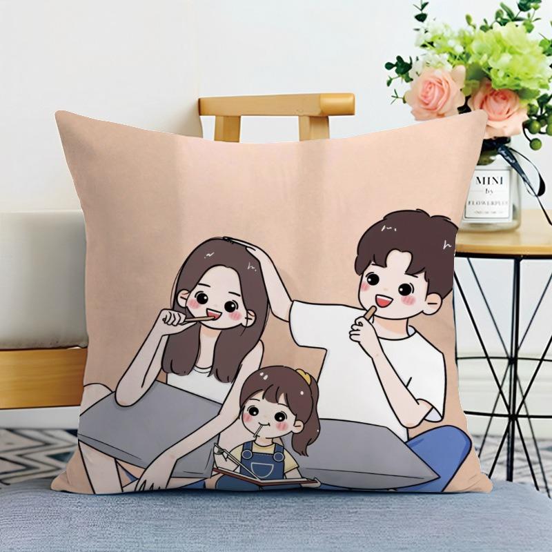 Happy Family Print Decorative Pillowcase Bedroom Living Room Square Cushion Pillowcase
