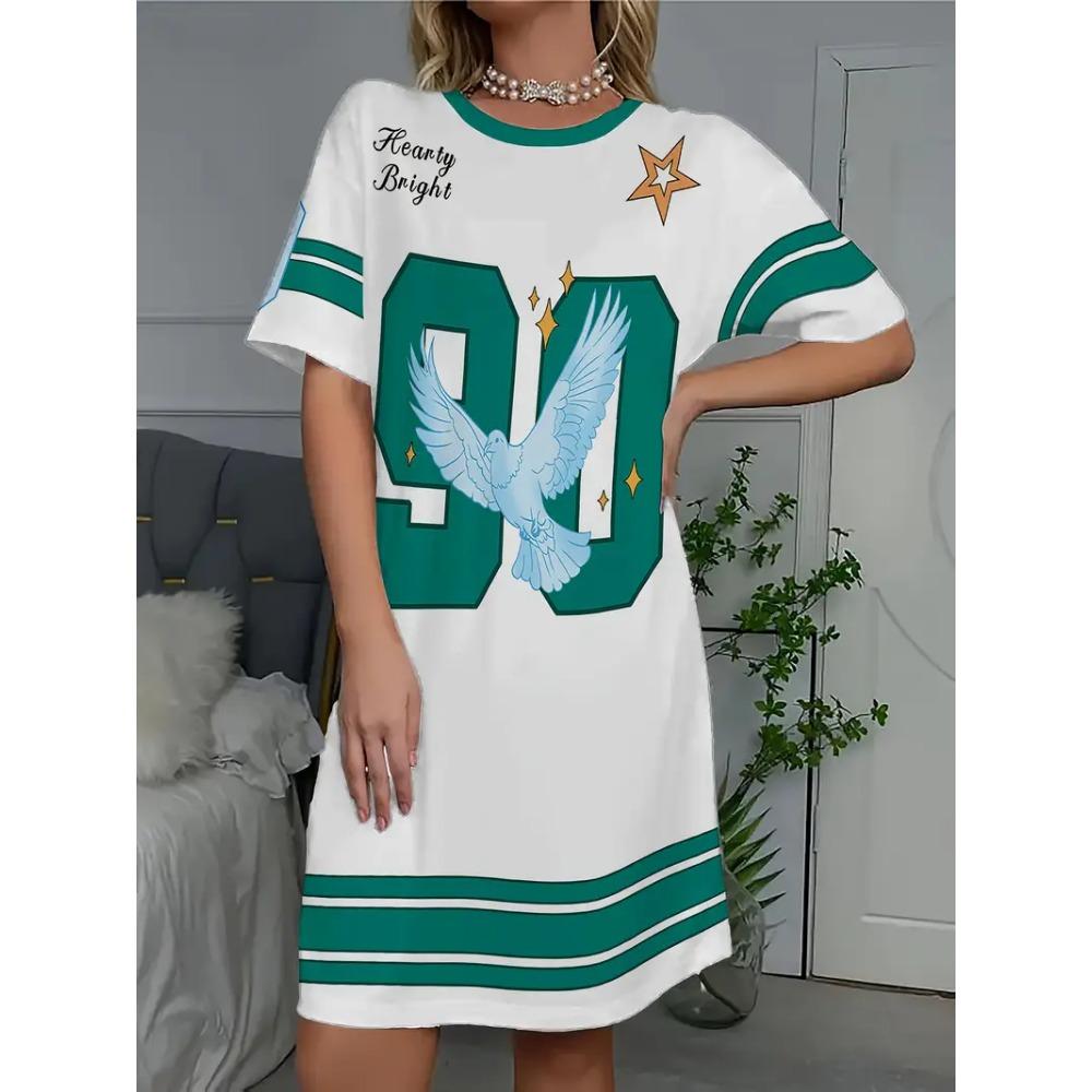 Summer Women T-Shirt Dress Plus Size Casual Dove of Peace NO.23 Printed Lady Short Sleeve Pullover Dresses Women Clothing