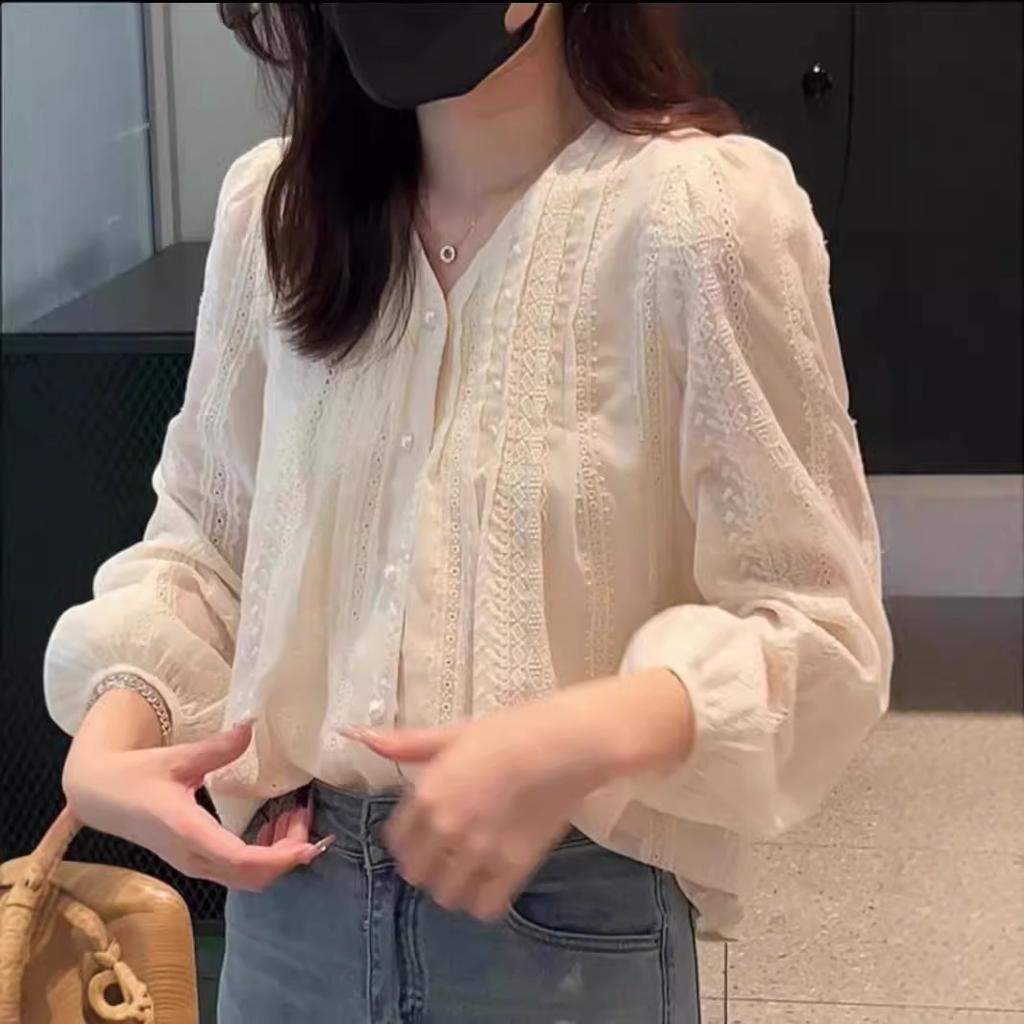 Korean Fresh Embroidery Blouse Women V Neck Lantern Long Sleeve Shirt Elegant Commute Apricot Top 2026 Autumn Factory Source For Southeast Asia