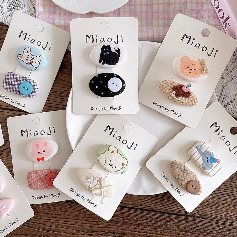 2pcs Cute Cartoon Hairpins Printed Fabric Children's Bangs Side BB Clip for Kids Girls Plaid Hair Clips Hairpin Hair Accessories