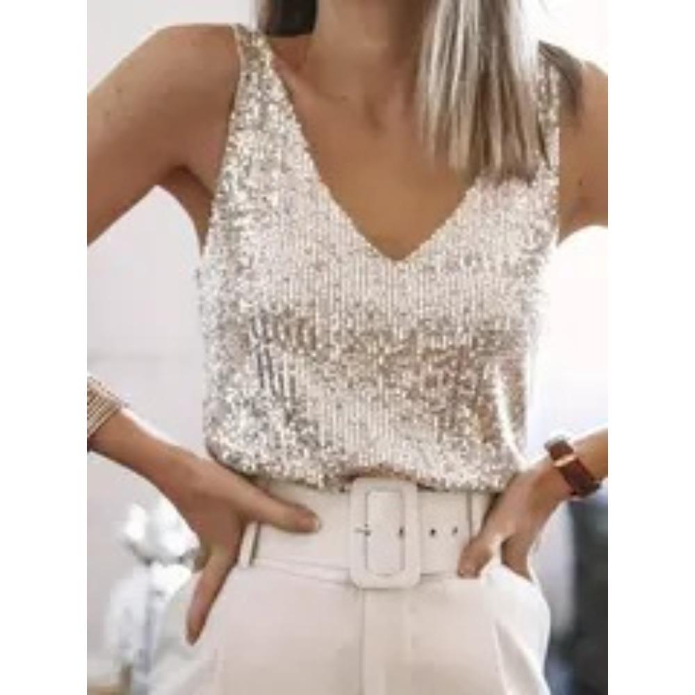 Women's V Neck Sleeveless Sequin Tank Top Straight Fit Elegant Party Cami Top