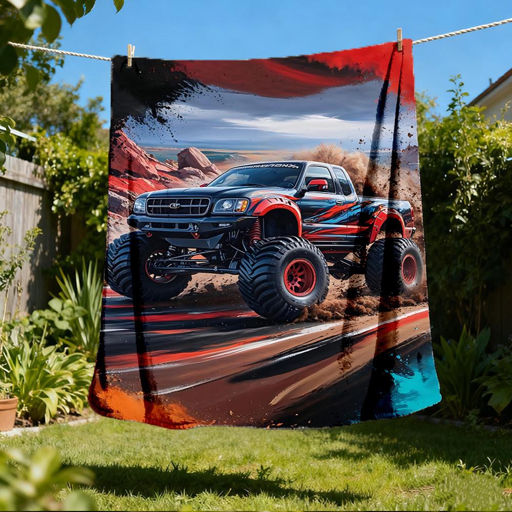 1pc Monster Truck Adventure Outdoor Flannel Blanket Soft All Season Polyester Throw , Perfect for Picnics & Travel , Picnic Accessory