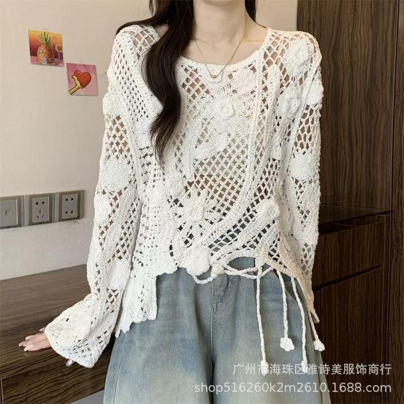 Fashion loose and thin hollow crochet knitted sweater women's new foreign style unique chic cardigan long-sleeved top