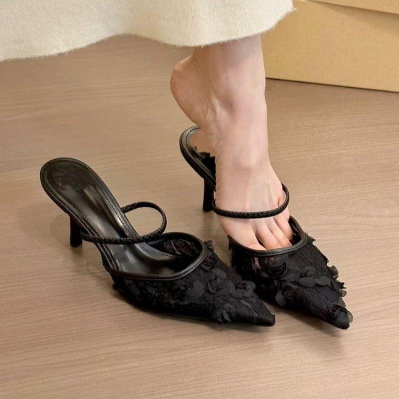 Net Cloth Overhead Sandals Spring New Pointed Head Shallow Mouth Lace Line with Non-slip High-heeled Slippers