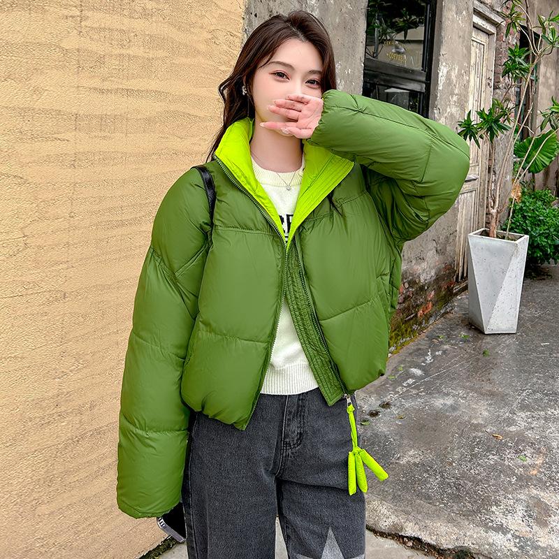 Bright down cotton clothes women's new coat fluffy contrasting color short stand-up collar winter temperament bread clothes