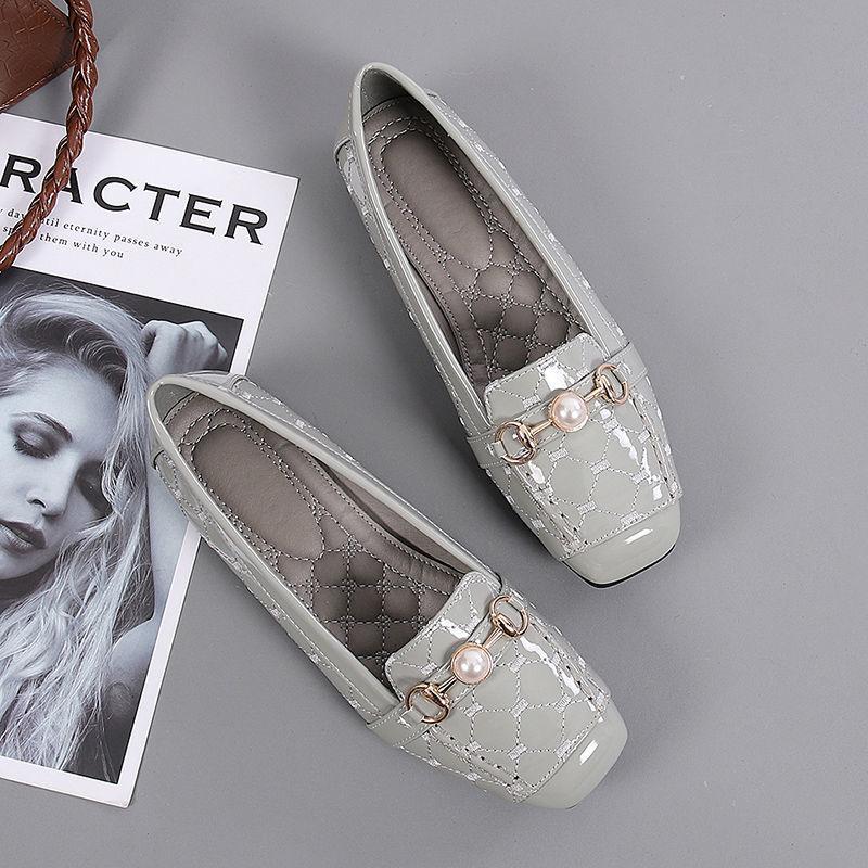Trendy brand size leather single shoes women's flat-soled versatile Doudou shoes square head soft leather soft sole casual loafers 43 ladyshoes