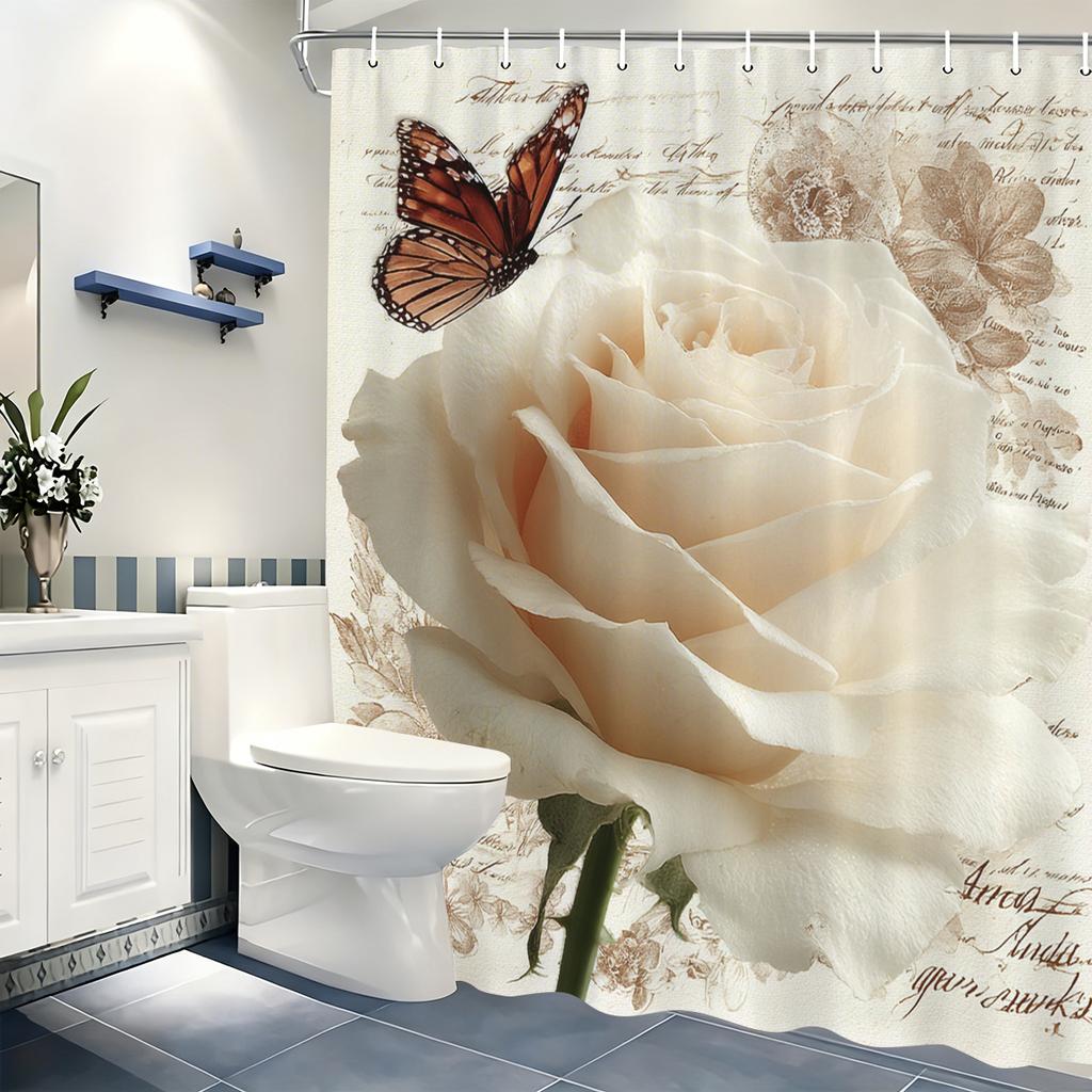 Charming Floral & Cartoon Cat Printed Polyester Shower Curtain - Fun & Stylish Bathroom Decorative Curtain For Home