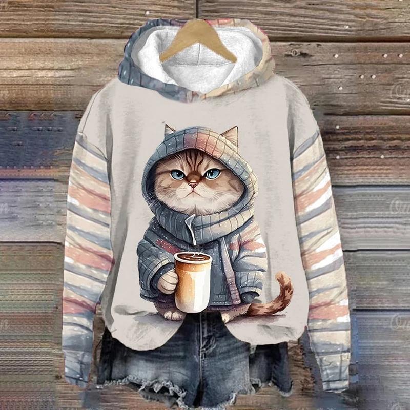 Sudadera con capucha para mujer, divertida sudadera con estampado de animales y gatos kawaii, ropa informal para mujer, sudadera bonita