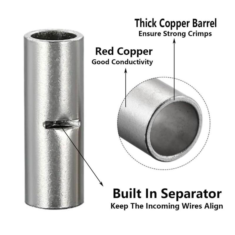 300Pcs NonInsulated Butt Connectors Butt Terminals Electrical Wire Connectors Tinned Copper Crimp Splices Cable Ferrules