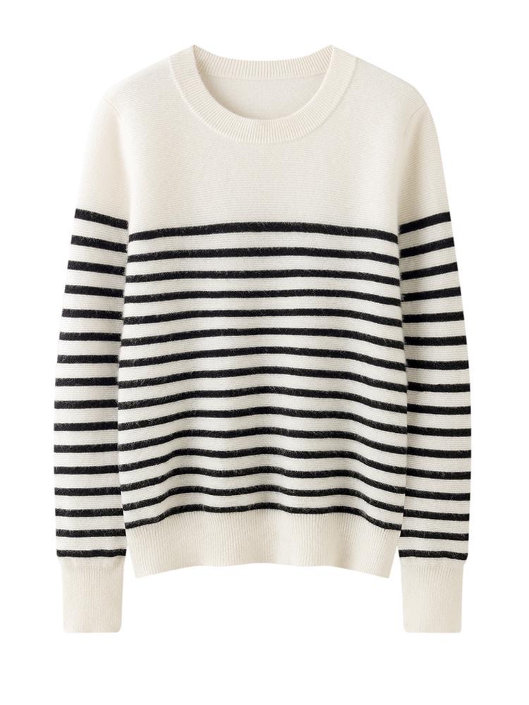 2025 Autumn/Winter Women's Color Block Stripe Cashmere Pullover Sweater - Round Neck, Long Sleeve Knitwear