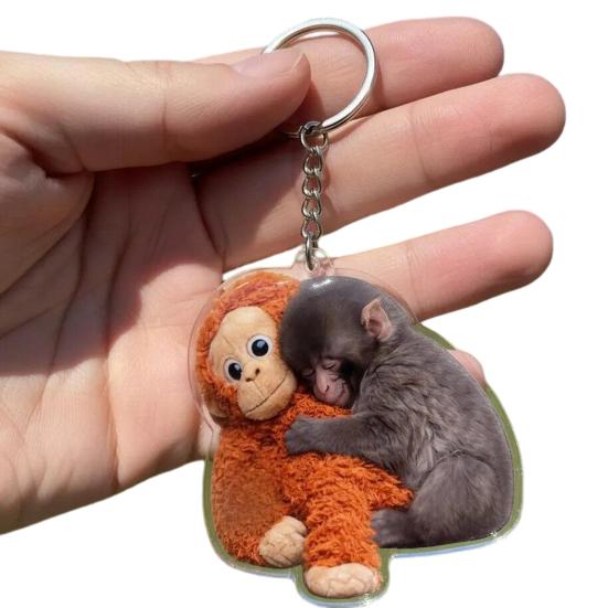 Monkey Keychain Pendant Cute 2D Flat Acrylic Pendant Punch The Monkey Holding Orangutan Plush Toy Keychain Bag Charm Gift for Friends