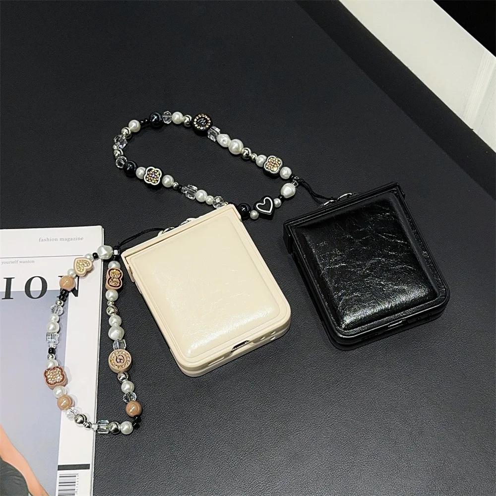 Bead Chain Wrist Strap Phone Case for Samsung Galaxy Z Flip 6 5 4 3 Flip5 Flip4 Flip3 5G Protective Shockproof PU Leather Cover