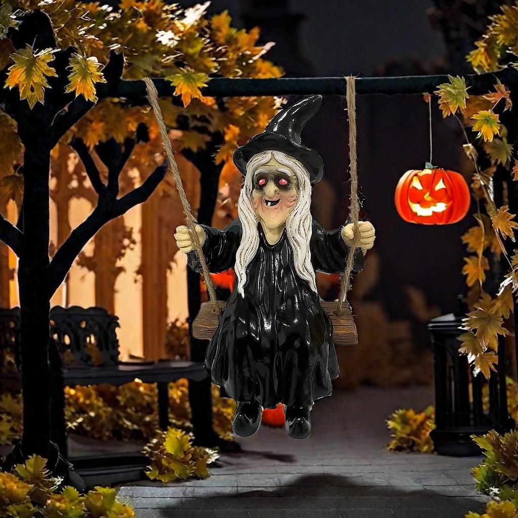 Ghost and Witch Pendant Set: Black-Clad Ghost Swing, White-Clad Ghost with Cat, Purple-Clad Witch for Courtyard & Garden Decor