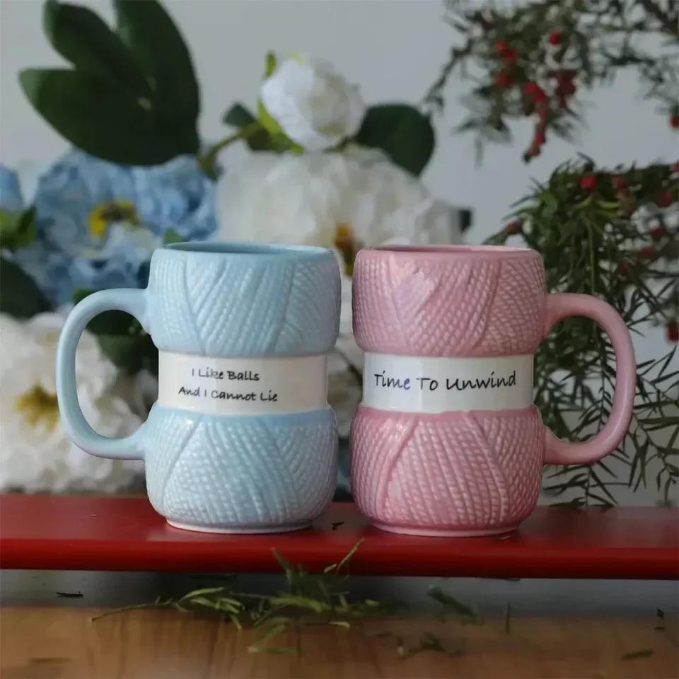 Taza de Café Cerámica Estilo Tejido Caliente, Taza de Bolas de Hilo de Colores, Taza de Té Regalo, Vasos para Verano e Invierno, Utensilios de Cocina