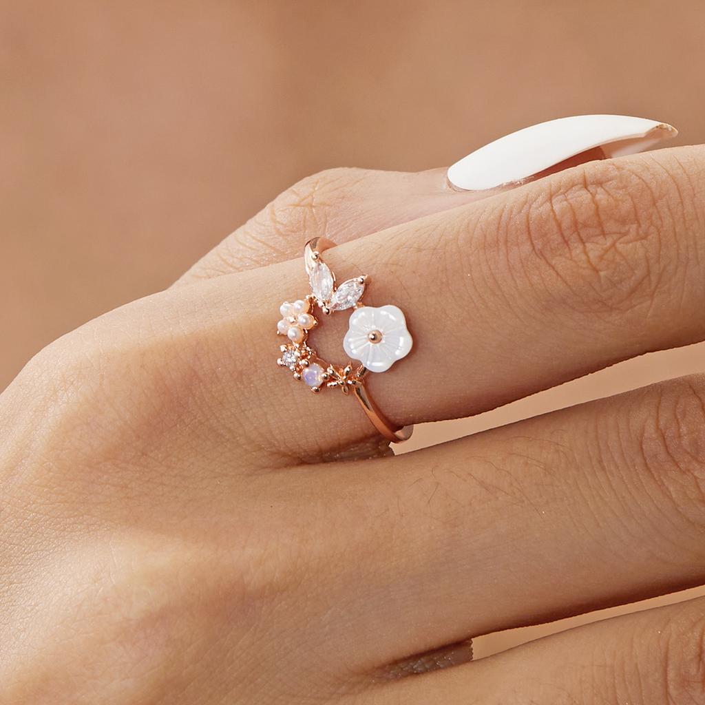Korean CZ Sweet Crystal Zircon Heart Ring For Women Exquisite Shell Flower Opening Finger Rings Girls Princess Wedding Jewelry