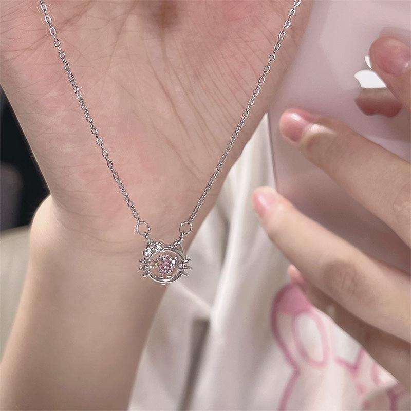 S925 Sterling Silver Kitty Pink Diamond Necklace Women's Light Luxury Smart Necklace Niche Design Bow Ins Girl's Heart