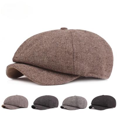 Herringbone Tweed Octagonal Hat Men's Beret Autumn and Winter Thickened Hat Outside The Duck Tongue Cap Old Man Hat