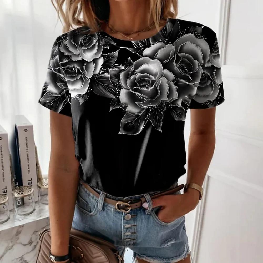 Summer Women's Rose 3D Printed Tee Shirts ONeck Pullover Floral Theme Painting Basic Tops Casually New Design Tee Shirts