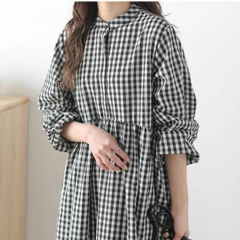 Damen Frühherbst Langarm Gestreift Klein Frisch Einreihig Locker Rundhals Über Knie Kleid