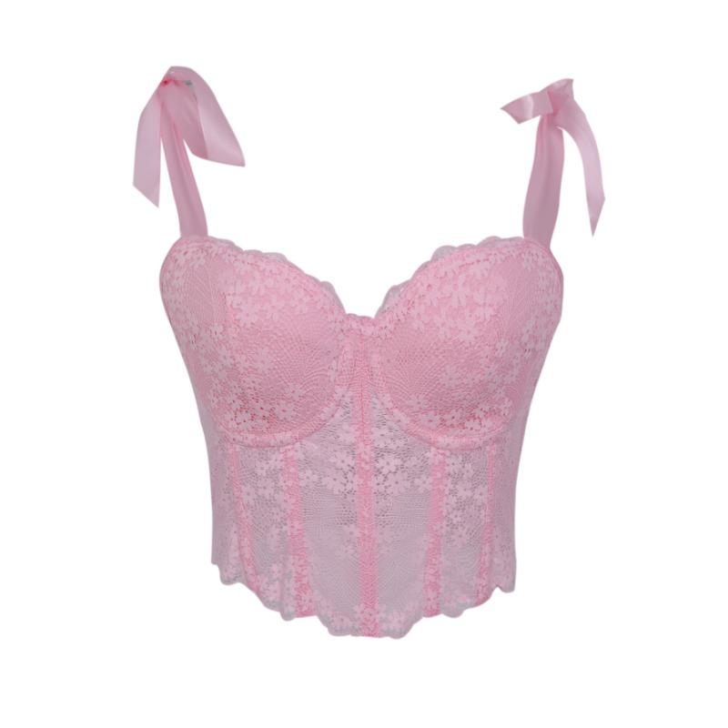 Spitzen-Schleifenband Korsett-Oberteil durchsichtiges Netz Bustier Crop-Top mit Stäbchen für Damen
