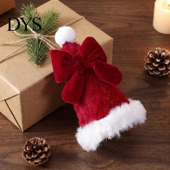 Small Holiday Gift Embellishments Plush Santa Hat Christmas Tree Ornament with Bow Decor, Xmas Hanging Pendant Soft Ornaments Lanyard for Decoration,