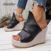 Sommer Damen Keilsandalen Schwarzes Leder Slip-on High Heel Pantoletten 10CM Absatz Plateausandalen Rutschfest Fischmaul Pantoletten Schuhe