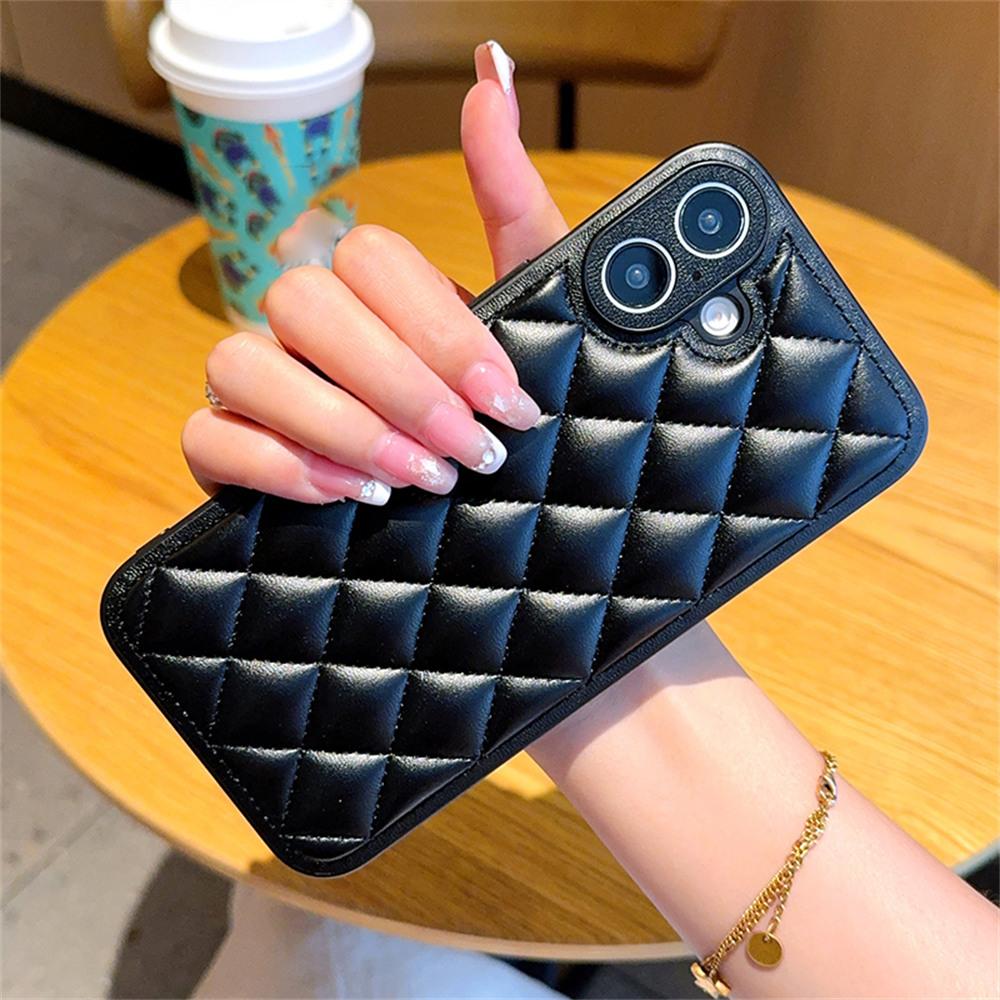 

For iPhone 16 Case Rhombus Stitching PU Leather+TPU Shockproof Phone Cover White