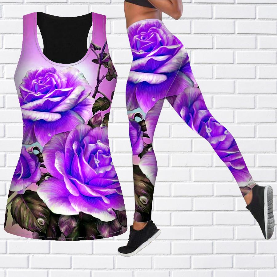 Rosa Tropfen-Rosen-Print-Yoga-Outfit für Damen, modische Workout-Leggings, Fitness, Sport, lässige Yoga-Hose