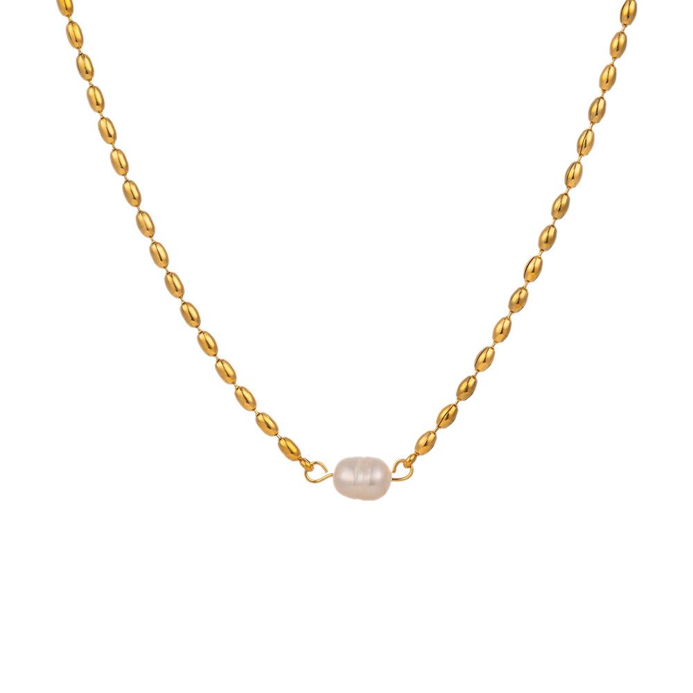 ins wind, necklace female niche non-fading natural freshwater pearl oval golden bean titanium steel necklace