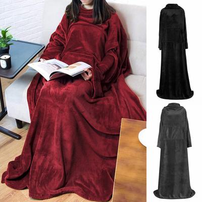 Winter Wearable Blanket with Big Pocket Anti-static Thick Coral Fleece Loose Long