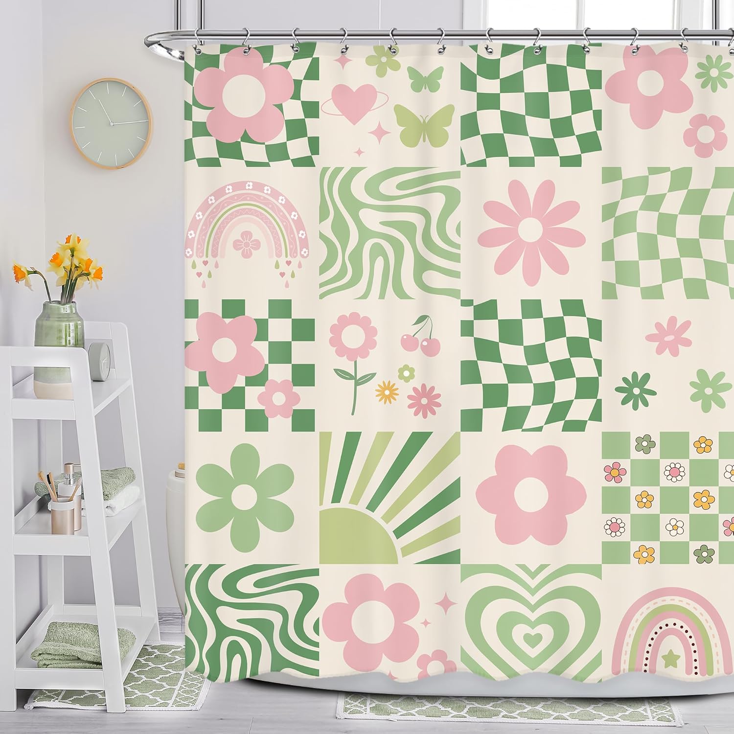 

Green Pink Flower Shower Curtain Modern Abstract Checkered Floral Butterfly Bathroom Decor Fabric Bath Curtains with Hooks 35x70inch-90x180cm
