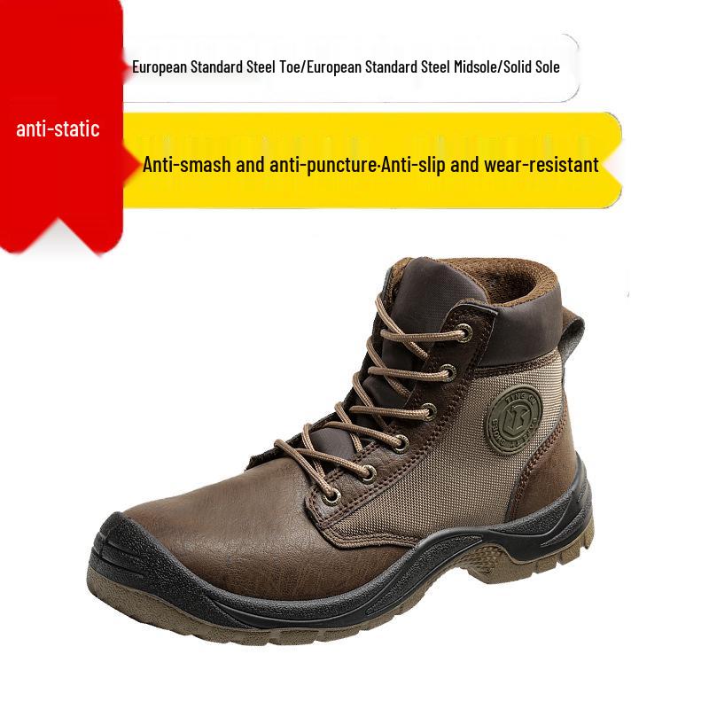 Men's Black High-Top Cowhide Steel Toe Cap Safety Shoes, Anti-Static, Anti-Smash, Anti-Puncture.