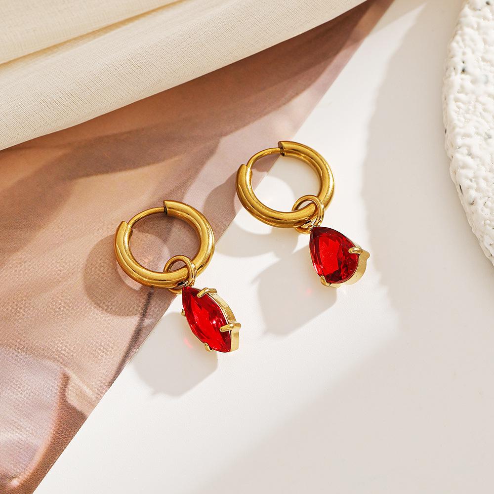 18K Gold-Plated Red Zirconia Stainless Steel Ear Studs with Titanium Steel, Light Luxury Waterproof Ear Cuffs for Women
