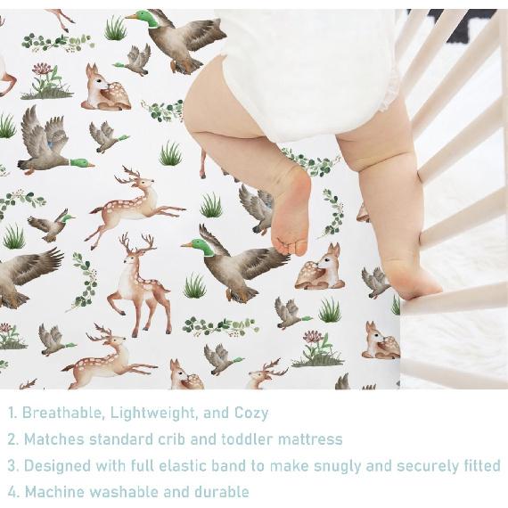 Woodland Wild Animals Hunting Crib Sheets for Girls and Boys 52"x28" Hunting Deer Duck Leaves Crib Mattress Sheet Soft Breathable Nursery Bed Sheet