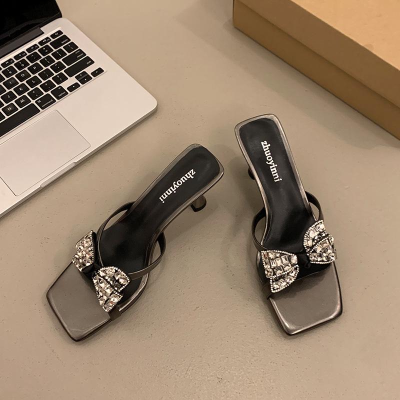

Flash rhinestone bow open-toed square head thin heel cool slippers women s summer wear fashion versatile temperament high-heeled sandals 40