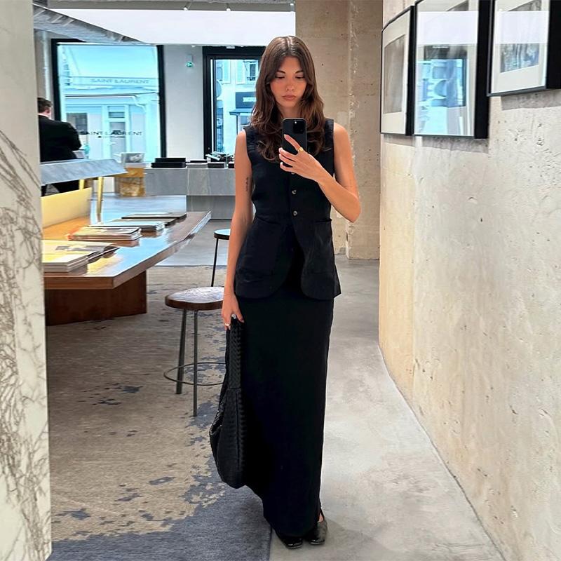 Elegantní dámské vestové a suknové soupravy 2dílný oblek Bílý čtvercový límeček Jednořadé sako Sukňový set s vysokým pasem Letní dámský outfit