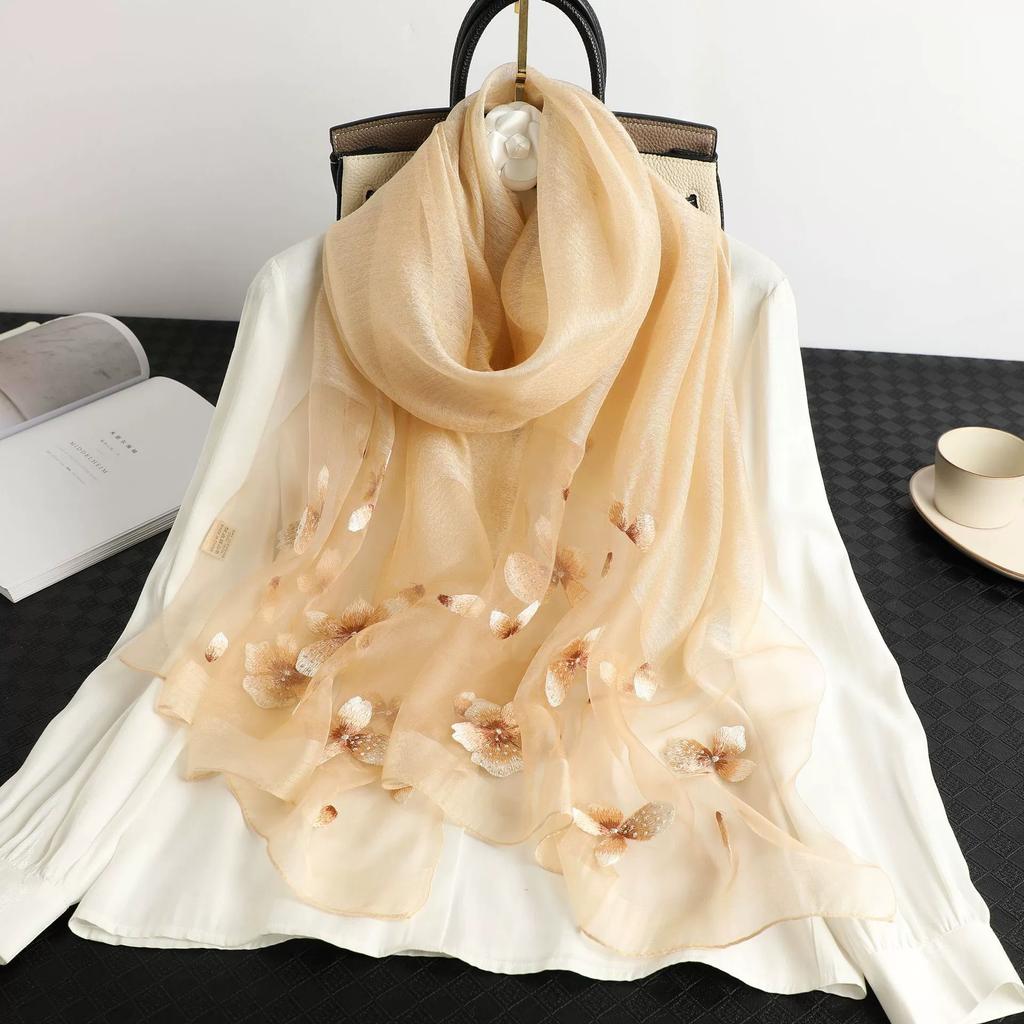 Floral Embroidered Silk Scarf Springautumn Thin Mulberry Silk Scarf Elegant And Decorative Shawl