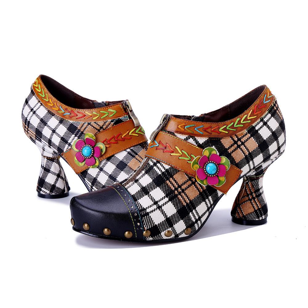 Johnature Retro Plaid Patchwork Comfortable High Heels Genuine Leather Rivet Fashion Women's Pumps