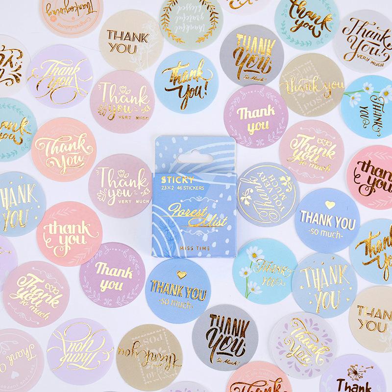

46Pcs/box Gold Thank You Stickers Cute Pink Blue Black Green Stickers With Gold Word For Small Business Decor Scrapbook Sticker