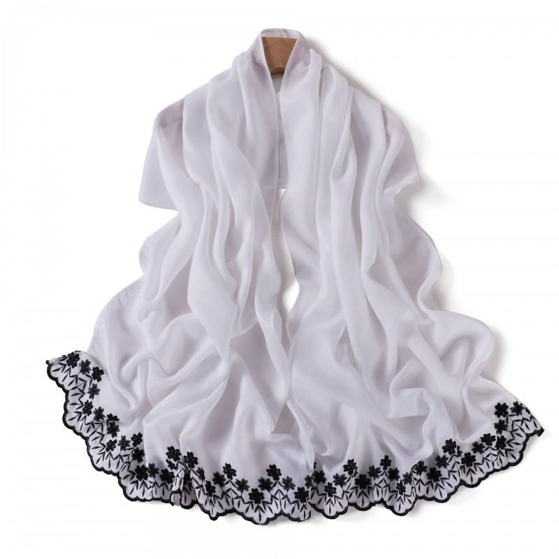 Floral Embroidered Solid Color Scarf Shawl Wrap Lightweight UV Protection Accessory Women